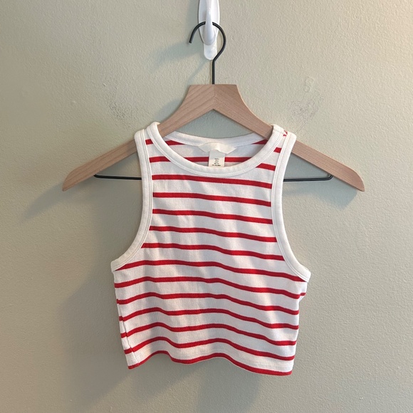 H&M Crop Tank Top Womens Size Small White Red Striped High Neck Fitted Stripes - Picture 3 of 7